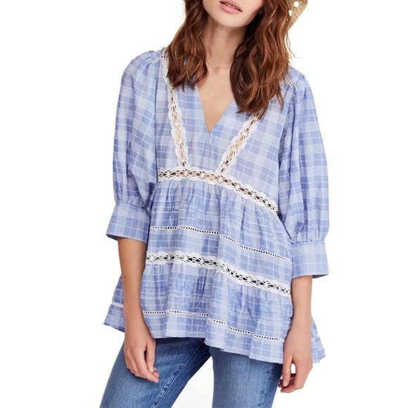 Free People Time Out Lace Tunic Shirt Blouse Chambray Blue White Plaid Medium - Picture 11 of 12
